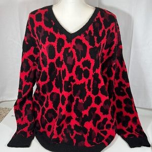APT 9 Red Black Animal Print Women's Sweater V-Neck Acrylic Blend Long Sleeve